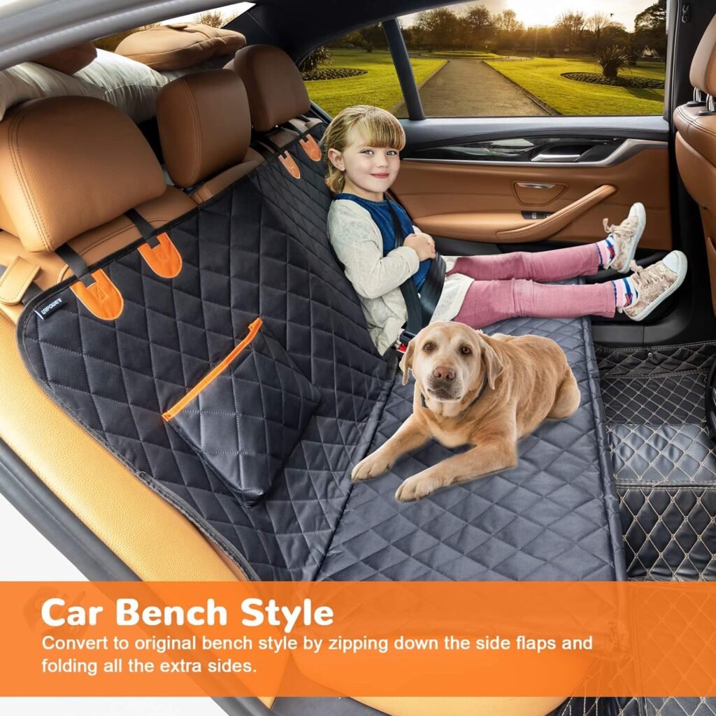 a child and a dog in waterproof dog seat covers for cars