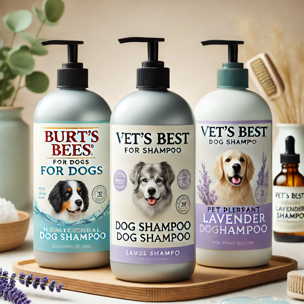 A Collection Of Three Dog Shampoos_ Burt'S Bees For Dogs, Vet'S Best Medicinal Dog Shampoo, And Pet Pleasant Lavender Dog Shampoo, Each Placed On A Cl