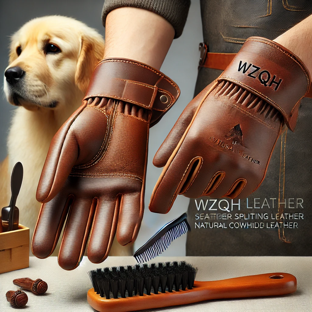 A Pair Of Wzqh Leather Grooming Gloves, Designed For Pet Care. The Gloves Are Made From 1.2Mm Thick Shoulder Split Natural Cowhide Leather, Emphasizin