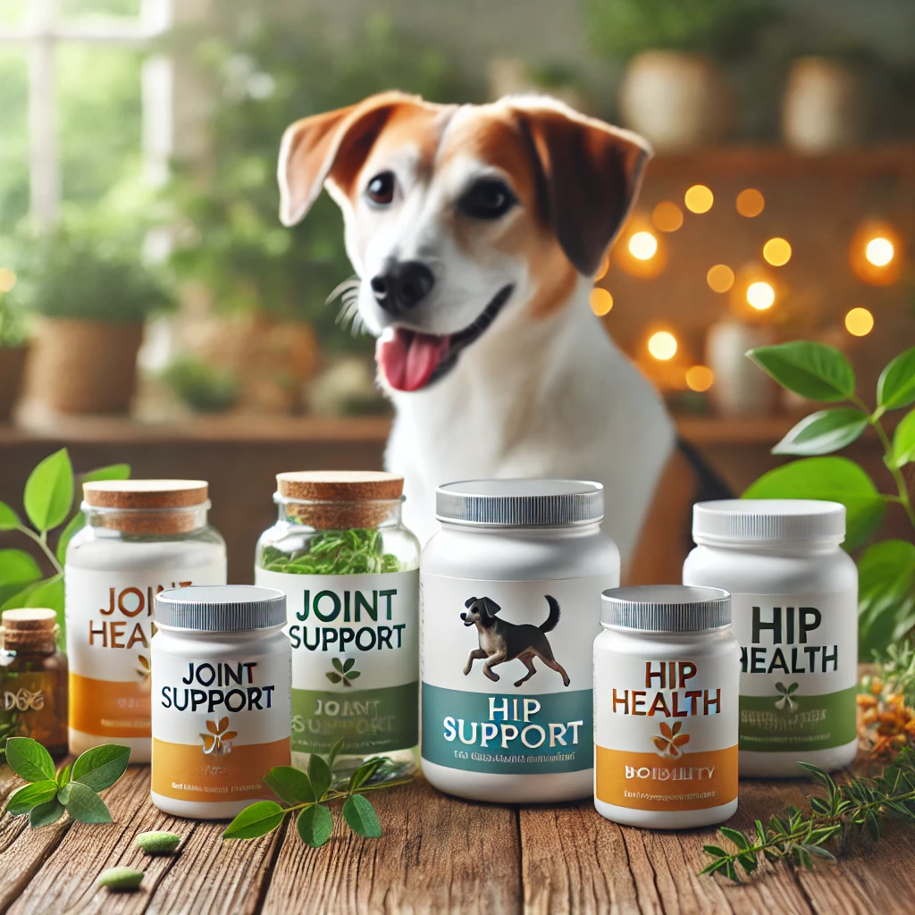 A Visually Appealing Image Of Dog Joint And Hip Supplements. The Image Features A Variety Of Supplement Containers With Labels Like Joint Support