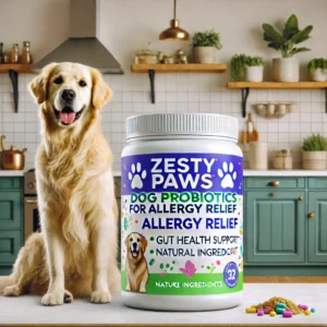 An eye-catching image of Zesty Paws Dog Probiotics for Allergy Relief, displayed in a clean, modern kitchen setting. The product is shown as a brightl