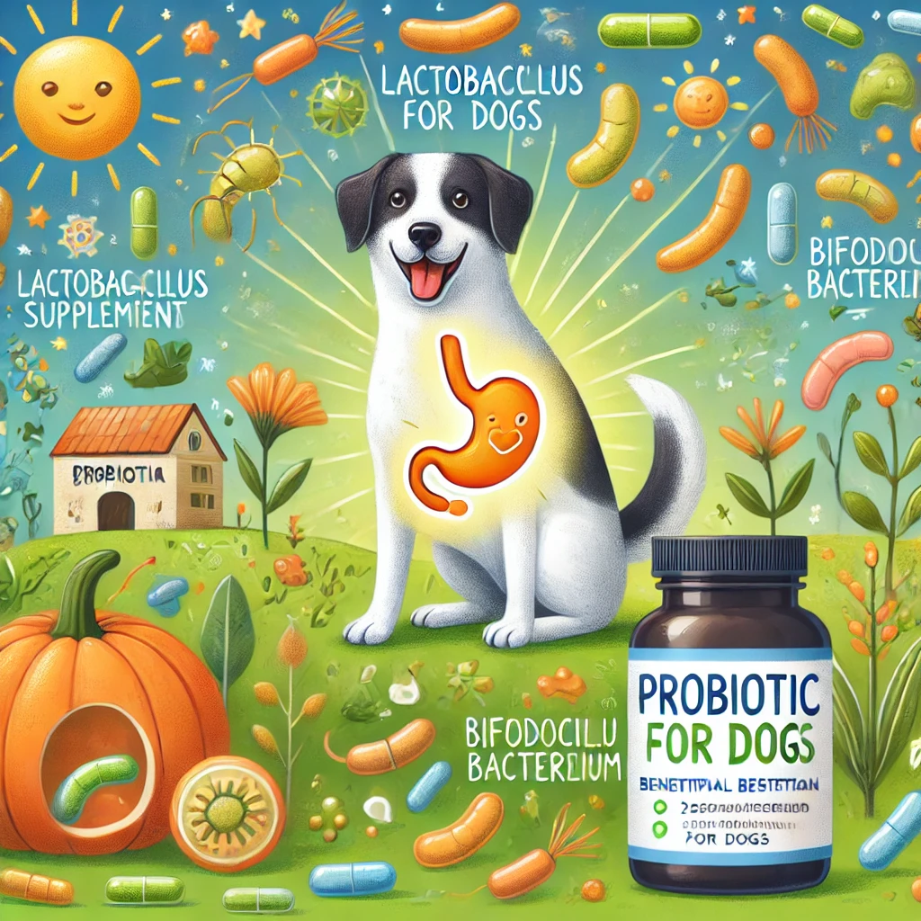A vibrant and educational illustration about probiotics for dogs. The image features a happy dog with a glowing stomach area, symbolizing a healthy gu
